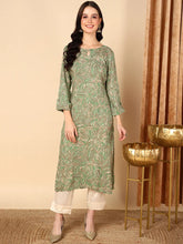 Women Green Viscose Rayon Ethnic Motifs Printed Straight Kurta-VCK9523B